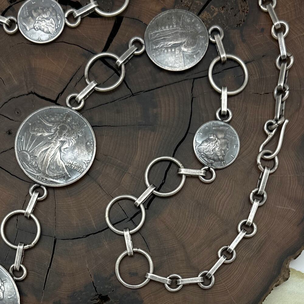 BUFFALO DANCER Taos Silver Necklace 7 Vintage Coins Peace Dollar Walking Liberty - Picture 4 of 5